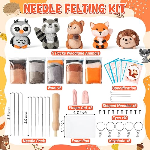 WATINC Needle Felting Kit - 5 Set Unique Different Cute Doll Wool Felt Needle Tools Foam Pad Instruction, DIY Home Decoration Craft Party Supplies for Art Work Starter Beginners (Woodland Animal) - style: Woodland Animal
