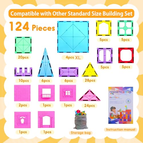 Antibacterial Magnetic Tiles 124PCS with 4 XL Squares, STEM Toy - size: 124 PCS (4 XL Squares Included)