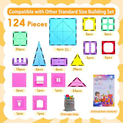 Antibacterial Magnetic Tiles 124PCS with 4 XL Squares, STEM Toy - size: 124 PCS (4 XL Squares Included)