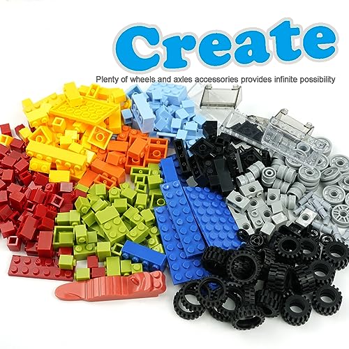 Classic Bricks Wheels and Axles Sets, Over 400 + 56Pieces Building Block Toys, Car Parts Kits with Steering Wheels, Tims, Rubber Tires