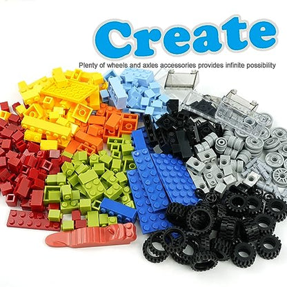 Classic Bricks Wheels and Axles Sets, Over 400 + 56Pieces Building Block Toys, Car Parts Kits with Steering Wheels, Tims, Rubber Tires