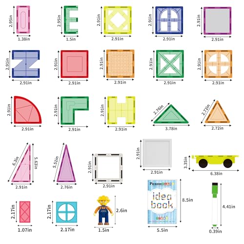 PicassoTiles Mega Magnetic Building Block 350 Piece Set Magnet Tile Construction Blocks with Car Base, Character Figures, Markers, Whiteboard, 110+ Page Ideabook Included for Ages 3 Up STEM Learning - color: 350 Pcs With Car and Figures