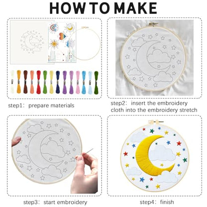 INFUNLY 5 Sets Rainbow Sun Embroidery Kits for Beginners DIY Cross Stitch Starter Sets with Instructions Heart Moon Pattern Needlepoint Kits with Embroidery Cloth Colored Threads Hoops Tools - style: Weather themes