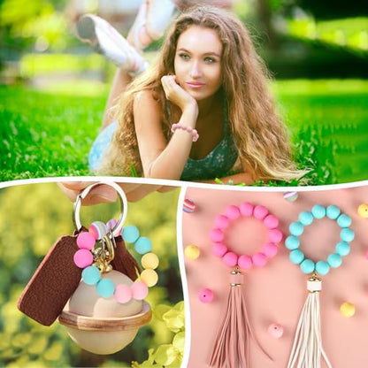 ASTARON 100Pcs 15mm Rainbow Colors Silicone Beads for Keychain Making Craft - color: pink,light pink,mint green,yellow,rainbow printed bead