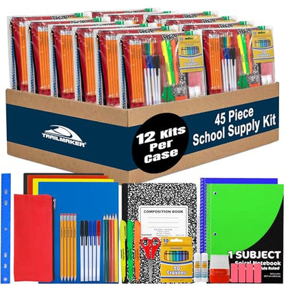 Trail maker 12 Pack Bulk School Supply Kits | 45 Piece Classroom Supply Sets for Elementary & Middle School | Notebooks, Pencils, Crayons & Essentials - size: 12 Kits (45 pieces per Kit)
