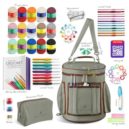 Crochet Kit for Beginners Adults and Kids - Beginner Crochet Kit for Adults with Step-by-Step Video Tutorials, Amigurumi and Crocheting Kit, Crochet Starter Kit with Soft Crochet Yarn and Crochet Bag - color: Sage Green, style: Crochet Kit + Bag