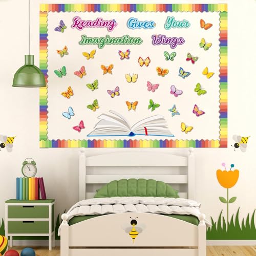 Reading Bulletin Board Decorations Set Classroom Spring Butterfly Bulletin Board Borders Cutouts Decor Reading Gives Your Imagination Wings School Bulletins Boards Craft Home Wall(Read) - style: Butterfly Reading
