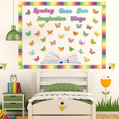 Reading Bulletin Board Decorations Set Classroom Spring Butterfly Bulletin Board Borders Cutouts Decor Reading Gives Your Imagination Wings School Bulletins Boards Craft Home Wall(Read) - style: Butterfly Reading