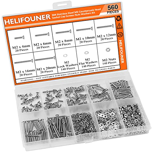 HELIFOUNER 560 Pieces M2 x 4mm /6mm /8mm /10mm /12mm /16mm /20mm, Countersunk Head Socket Cap Screws Bolts Washers Nuts Kit, 304 Stainless Steel - size: M2, style: Countersunk Head Socket Cap