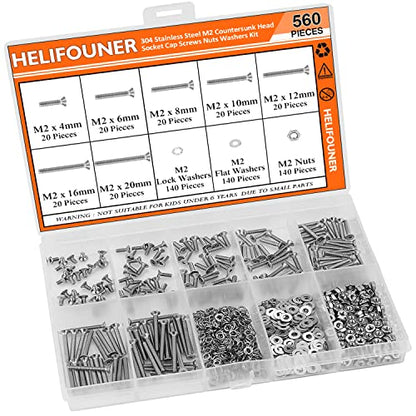 HELIFOUNER 560 Pieces M2 x 4mm /6mm /8mm /10mm /12mm /16mm /20mm, Countersunk Head Socket Cap Screws Bolts Washers Nuts Kit, 304 Stainless Steel - size: M2, style: Countersunk Head Socket Cap