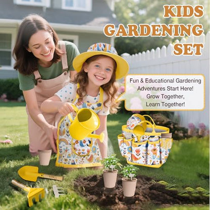 Kids Gardening Tool Set 18PCS Outdoor Toys Tote Bag Watering Can Yellow - color: Yellow