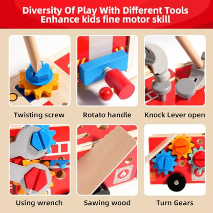 GAIETYDIY Toddler Kids Tool Set - Wooden Tools with Firetruck Shaped Box - color: Truck
