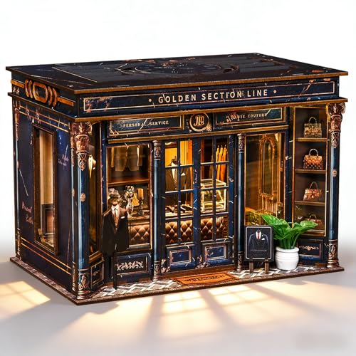 DIY Miniature Dollhouse Kit with LED Light, 3D Wooden Puzzle Book Nook Kit for Adults and Teens, Creative Tailor Shop Model Kit to Build, Home Decor Hobby Gift (Golden Section Line) - style: Golden Section Line