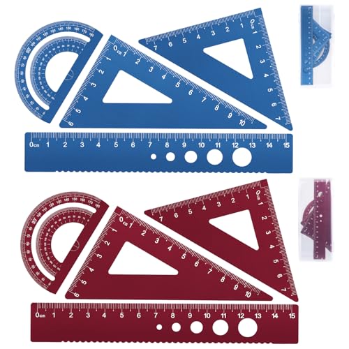 Honagu Aluminum Alloy Triangular Ruler Set, 8 Pieces/2 Sets, Modern Design, 12 Inches - color: Blue+Red