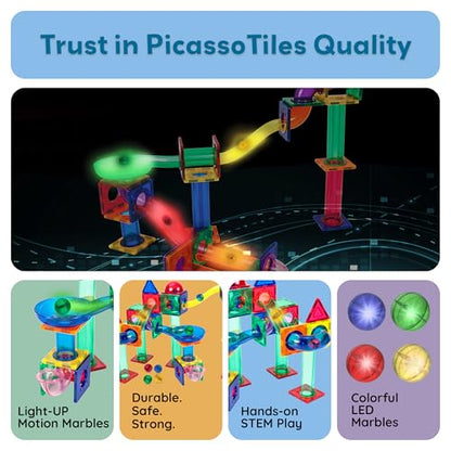 PicassoTiles Motion Activated Marbles 4pc LED Light-Up Glow in The Dark Translucent Balls for Marble Run Race Racetrack Maze Magnetic Construction Magnet Tiles Building Block STEM Education Kids Toys - style: Marbles 4pc LED