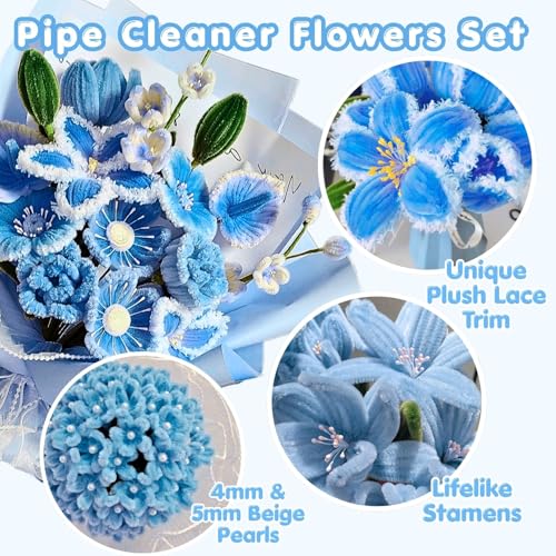 5-Color Blue Pipe Cleaner Flower Kit,300 Pcs Pipe Cleaners Craft - color: Blue