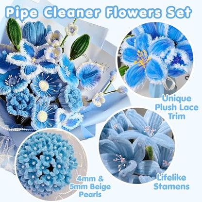 5-Color Blue Pipe Cleaner Flower Kit,300 Pcs Pipe Cleaners Craft - color: Blue