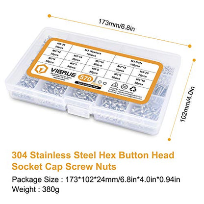 VIGRUE 570PCS Stainless Steel M3 Button Head Hex Socket Cap Screw Bolts, M3 x 4/5/6/8/10/12/14/16/18/20/25mm Screw and Nuts Flat Washer Assortment Kit, Fully Machine Thread - size: M3 Button silver