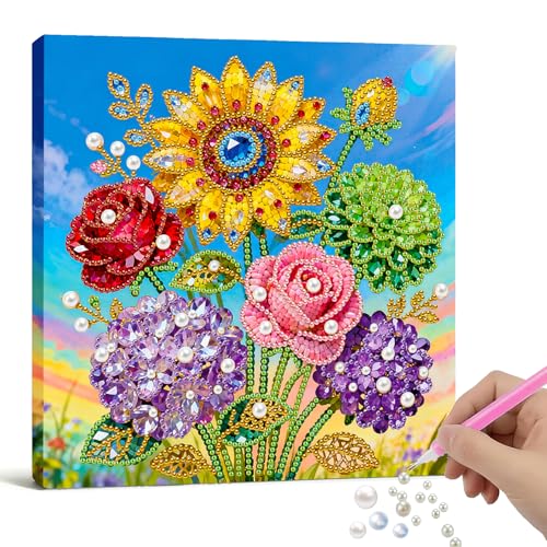Xylzzuit Pearl Painting Kit with Frame 9.84x9.84IN Colorful DIY Gemstone Pearls Beads Art Craft for Adults Home Desktop Wall Decor (Flower02) - color: Flower02