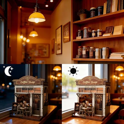 3D Wooden Coffee Shop Book Nook Kit - DIY Miniature Model with LED Lights, 143 Precision-Cut Pieces for Adults & Teens (1:24 Scale, Stress Relief Craft Gift) - color: Coffe Shop