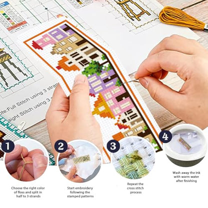 ORIGACH 6 Set Colorful Town House Cross Stitch Bookmark Kit for Beginner - style: Small Houses