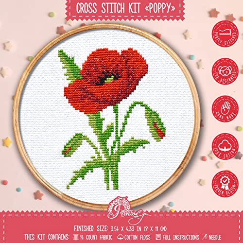 Povitrulya Red Poppy - Counted Cross Stitch kit for Hand Embroidery - DIY Easy Flower Set for Adult Ors - color: Red poppy