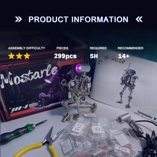 Mostarle Terminator M 3D Metal Puzzle, Arcynix DIY Mechanical Robot Model Kit, Sci-Fi Design LED Light Feature Unique Gift for Adults & Teenager (Purple) - color: Silver
