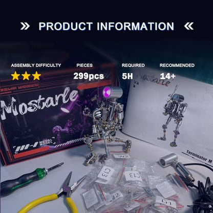 Mostarle Terminator M 3D Metal Puzzle, Arcynix DIY Mechanical Robot Model Kit, Sci-Fi Design LED Light Feature Unique Gift for Adults & Teenager (Purple) - color: Silver