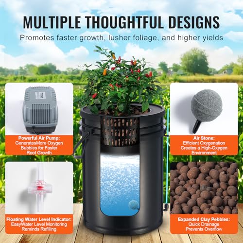VEVOR DWC Hydroponics Grow System, Hydroponic Growing System with Top Drip Kit, Deep Water Culture 5-Gallon 4 Buckets, with Air Pump, Air Stones and Water Level Device for Leafy Vegetables - style: 4 Buckets+Top Drip Kit