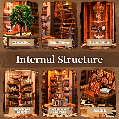 Book Nook Kit for Adult-3D Wooden Puzzles Miniature Library Bookshelf Insert Bookend Decor，Adult Miniature Model with LED Light and Dust Cover, Touch Switch, Adult Craft Kits Gift - style: Wisdom Rings