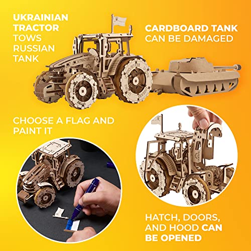 UGEARS The Tractor Wins Model Kits - Spring - Driven Model Tractor Kits to Build with Folding Paper Tank - 3D Wooden Tractor Model Kit for Self - Assembly - Mechanical 3D Puzzles for Adults and Kids