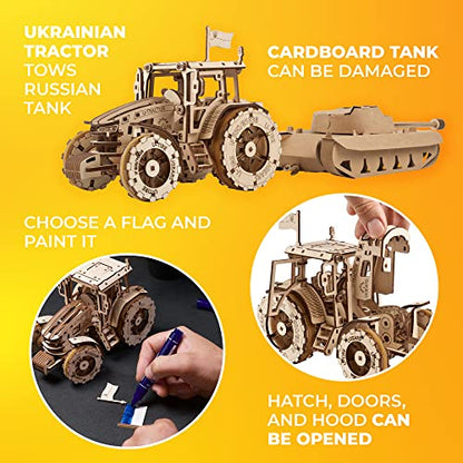 UGEARS The Tractor Wins Model Kits - Spring - Driven Model Tractor Kits to Build with Folding Paper Tank - 3D Wooden Tractor Model Kit for Self - Assembly - Mechanical 3D Puzzles for Adults and Kids
