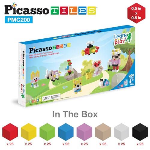 Picasso Cubes 0.5” Pixel Magnetic Puzzle Cube 200 Piece Mix & Match Sensory Toys STEAM Education Learning Building Block Magnets Children Construction Toy Set Stacking Magnet Creative Kit PMC200 - style: 200pc
