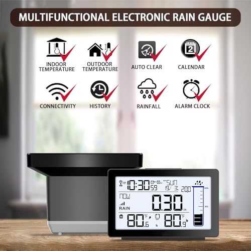 BIUWING Wireless Rain Gauge Outdoor, Self-Emptying Digital Rain Gauges Outdoors Best Rated, Electronic Rain Measure Gauge, Freeze Proof Rain Gauge with Thermometer, Remote Rain Meter for Garden - color: Digital Rain Gauge