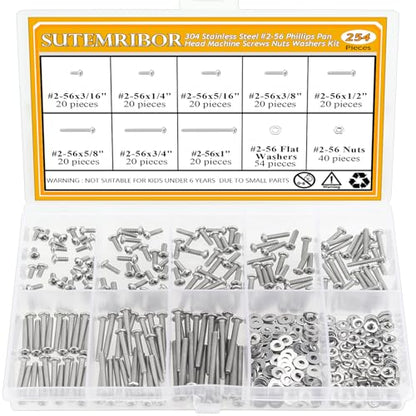 254 Pieces #2-56 x 3/16", 1/4", 5/16", 3/8", 1/2", 5/8", 3/4", 1", Phillips Pan Head Machine Screws Nuts Washers Assortment Kit - size: #2-56, style: Phillips Pan Head