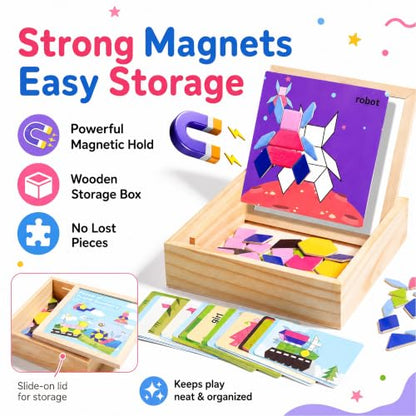 Magnetic Pattern Blocks Wooden Shape Puzzles for Kids Early STEM Learning