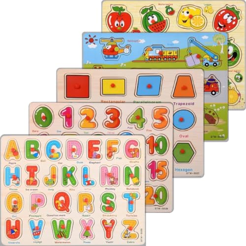 5-Pack | Alphabet, Numbers, Shapes, Vehicles & Fruits Wooden Puzzles for Toddlers 3-5 Years Old – ABC, 1-20, Shape, Vehicle & Fruit Learning Toy with Puzzle Board & Blocks, Educational Toy Gift - style: 5-Pack