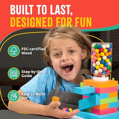 SparkJump Candy Dispenser Woodworking Kit – Complete STEM Building Kit for Kids with FSC-Certified Wood, Paints & Tools, DIY Gumball Machine Craft for Boys & Girls, Ages 6+