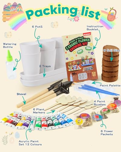 RGBDOT Kids Gardening Set Paint and Plant Stoneware Flower Growing Kit with 6 Pots and Gardening Tools Arts and Crafts for Kids Ages 8-12 Best Children’s Day Gift for Girls Boys Ages 5 6 7 8 9 10 - color: 6-set