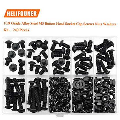HELIFOUNER 240 Pieces M5 x 6mm /8mm /10mm /12mm /16mm /20mm /25mm, Button Head Socket Cap Screws Bolts Washers Nuts Kit, 10.9 Grade Alloy Steel, Full Threaded, Black - size: M5, style: Button Head