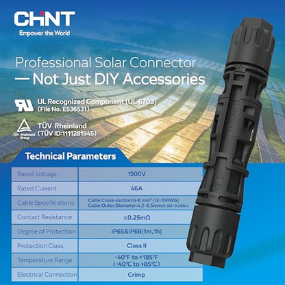 CHINT UL 6703 & TÜV Certified Solar Panel Connectors (30 Pairs), 1500V 46A DC MC4-Compatible PV Cable Connectors Kit for 10/12/14 AWG Solar Wire with Dust Caps & Spanners - size: 30 Pairs 10AWG 46A