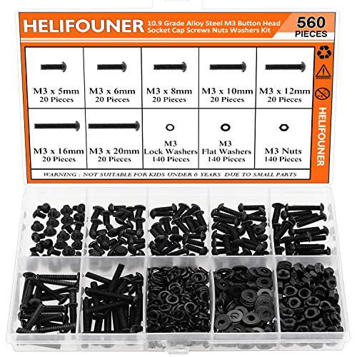 HELIFOUNER 560 Pieces M3 x 5mm /6mm /8mm /10mm /12mm /16mm /20mm, Button Head Socket Cap Screws Bolts Washers Nuts Kit, 10.9 Grade Alloy Steel, Full Threaded, Black - size: M3, style: Button Head