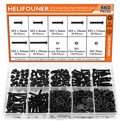 HELIFOUNER 560 Pieces M3 x 5mm /6mm /8mm /10mm /12mm /16mm /20mm, Button Head Socket Cap Screws Bolts Washers Nuts Kit, 10.9 Grade Alloy Steel, Full Threaded, Black - size: M3, style: Button Head