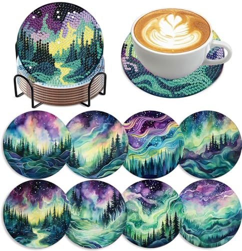 8 Pack Diamond Art Coasters,Northern Lights Diamond Painting Coasters Kits - color: Aurora Coasters