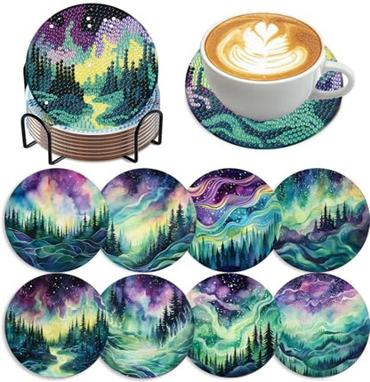 8 Pack Diamond Art Coasters,Northern Lights Diamond Painting Coasters Kits - color: Aurora Coasters