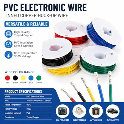 16 AWG Stranded Hook Up Wire Kit, 5 Colors 5m Each, 25m Total, Tinned Copper PVC Electronic Wire, 300V 80°C, 1.28mm², 2.4mm OD - color: Red Black Yellow Blue Green, size: 16AWG