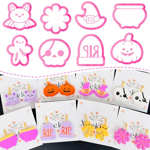 Xaekicr Halloween Polymer Clay Cutters Set – 8Pcs Clay Cutters for Earrings, Pumpkin Skull Witch Hat Molds for DIY Clay Jewelry Making - color: J color