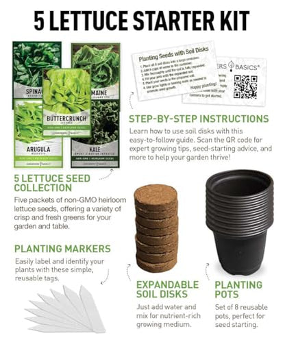 Beginner Indoor Garden Lettuce Kit - Includes Romaine, Buttercrunch Lettuces, Spinach, Arugula, and Kale Heirloom Seeds, Pots, Soils and Plant Markers - Complete Indoor Vegetable Garden Starter Kit