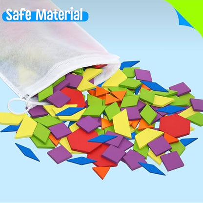 215 PCS Wooden Pattern Blocks Set, 24 Double-Sided Design Cards Pattern Building Shapes Educational Geometric Shape Puzzle Fun Tangram Montessori Learning Toys for Kids Ages 4-8 (A Storage Bag) - style: 215 Pcs Blocks Set