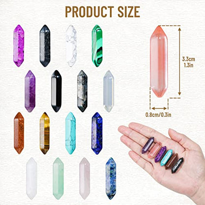 17Pcs Healing Crystals Stones Sets, Hexagonal Bullet Shaped Reiki Meditation Gemstone Chakra Stones Tiger Eye Obsidian Quartz Crystals Gemstone Wand Set Pendants with Storage Box - size: 17PCS